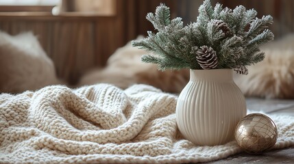 Frosted pine branches in a vase, a cozy knit blanket, and geometric ornaments create a minimalist Scandinavian Christmas setting with winter elegance.