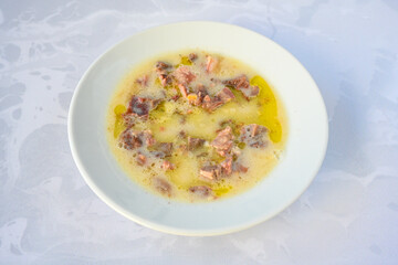 Turkish Traditional Tripe Soup. Iskembe, tuzlama, sirdan, beyran, ayak paca, kelle paca corbasi.