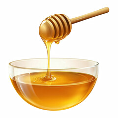 Realistic honey dripping from wooden dipper into glass bowl, isolated on transparent background. Generative Ai.
