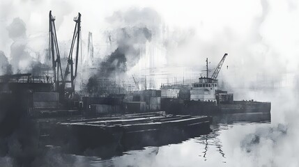 Dramatic monochrome industrial landscape with cargo containers cranes and heavy machinery at a busy harbor docks  Smoke and steam rising from the power plant create a moody