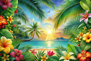 Tropical beach sunset framed by vibrant flowers; ideal for travel brochures