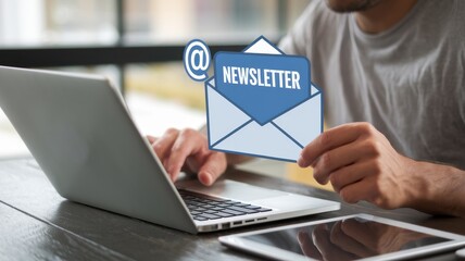 Digital Newsletter Subscription: Man receiving email updates on laptop