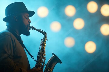 Fototapeta premium A silhouette of a saxophonist playing passionately under dramatic lighting, creating a vibrant atmosphere filled with music and emotion.