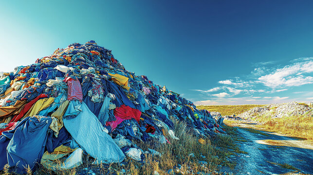 Pile of discarded clothes and waste in a landfill site, symbolizing the environmental crisis of textile pollution, waste management, and the impact of consumerism on the planet.