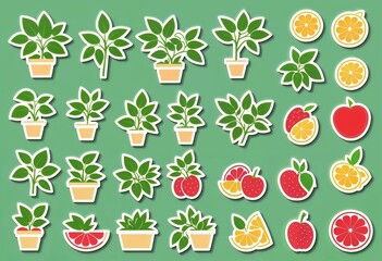 Colorful stickers of fruits and plants on a green background in a playful design
