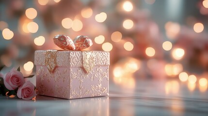 A pearlescent pink triangular gift box with intricate golden patterns, sitting on a white marble surface, illuminated by a champagne floodlight and backed by a glowing rose and coral heart boke