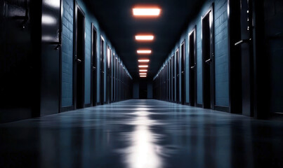 Exploring the Aesthetics of Modern Architecture: A Hauntingly Beautiful Corridor with Doors Under Soft Lighting, Perfect for Capturing the Essence of Space and Design in Contemporary Buildings