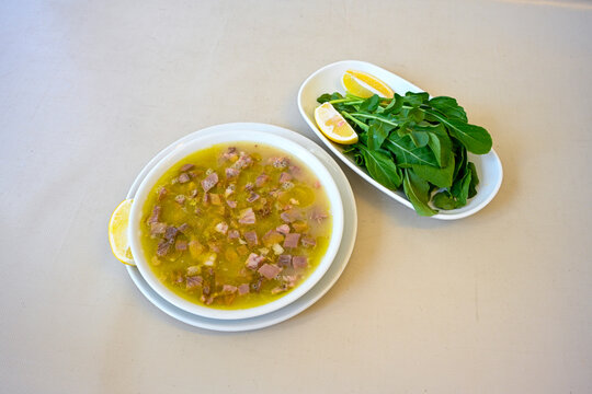 Turkish Traditional Tripe Soup. Iskembe, tuzlama, sirdan, beyran, ayak paca, kelle paca corbasi.