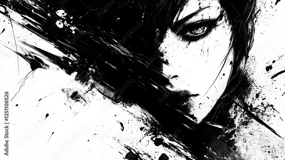 Aufkleber dramatic moody female portrait with abstract paint and ink splashes in a dark urban and gothic style