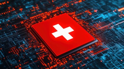 A red square with a white cross is set against a digital background, symbolizing Switzerland and possibly technology or healthcare.