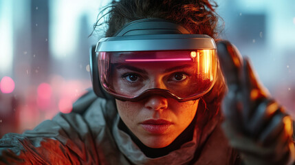 A determined female figure dons high-tech virtual reality goggles, her intense expression reflecting the thrill of urban exploration and technological innovation in a futuristic setting.