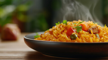 A close-up shot of a vibrant serving of Jollof rice with vegetables, fresh and steaming