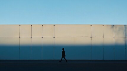 A silhouette of someone walking past a massive, featureless white wall, with soft evening light giving the scene a moody, cinematic feel.