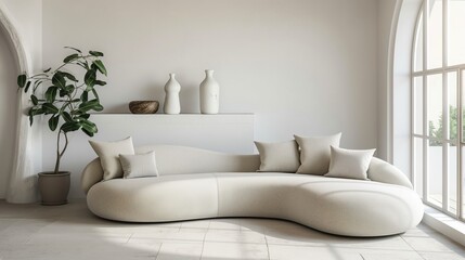 Puffy curved sofa in spacious room.