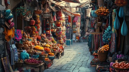 Fototapeta premium A bustling market street with colorful stalls selling fruits, vegetables, and textiles.