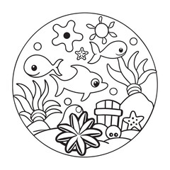 Marine life, corals and ocean waves illustrations