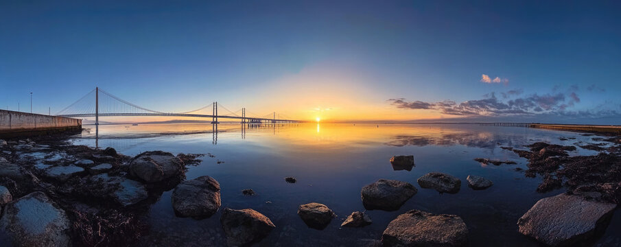 Panoramic coastline sunset, tranquil water reflections, rocky shore, distant bridge silhouette, vibrant orange sky, wispy clouds, peaceful seascape, long exposure, smooth water surface, golden hour