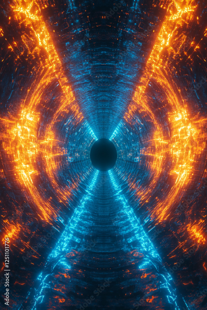 Aufkleber abstract digital tunnel with blue and orange glowing lines converging towards the center, representi