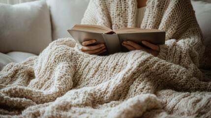 Woman Reading Book Under Cozy Knit Blanket