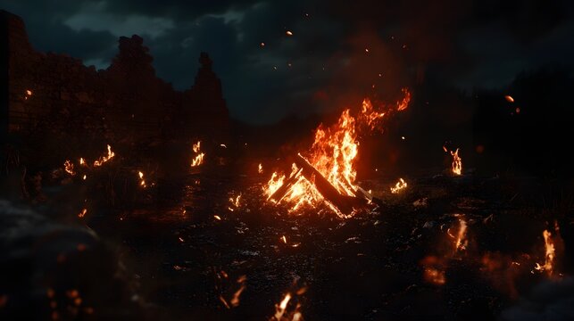 Dramatic scene of a large roaring bonfire engulfing a pile of wood and kindling illuminating the surrounding forest and night sky with its intense flames and glowing embers