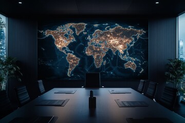 A glowing world map hologram in an office. Generative AI