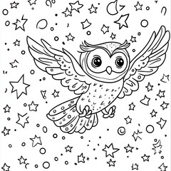 Obraz premium Owl in Night Sky Magical Coloring Book Page Illustration