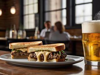 Grilled Cheese and Beer: A mouthwatering gourmet grilled cheese sandwich oozes melted cheese, alongside a frosty glass of beer.