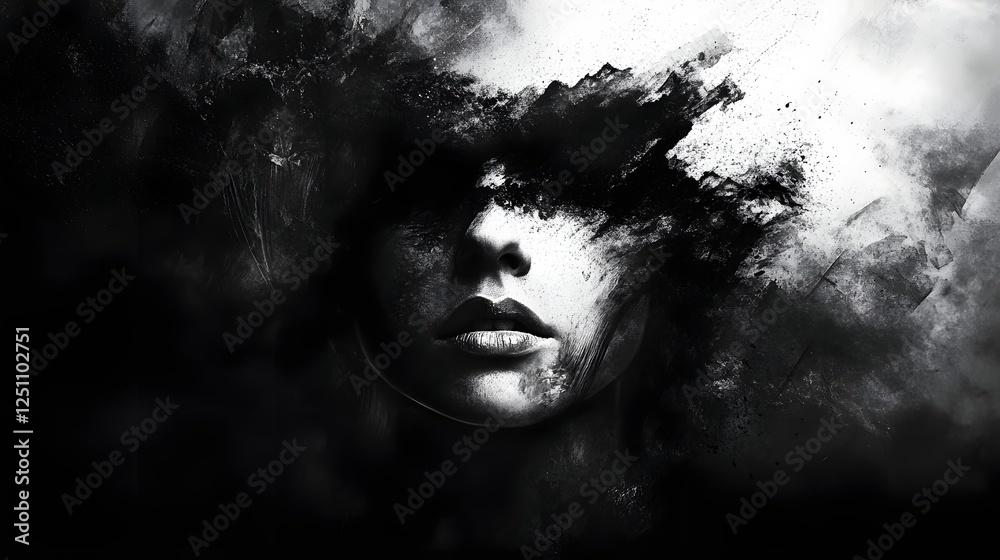 Poster dramatic surreal portrait with obscured facial features in a smoky moody atmosphere evoking feelings