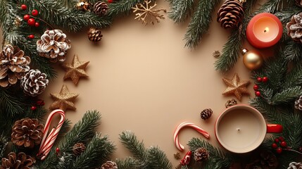 Hilarious kids' New Year party table setup A top view shot of Santa-themed tableware, a holder, a candy cane in a cup, a star candle, mistletoe, and more on a pastel beige background with text space.