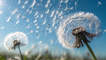 Dandelion seeds dispersing in the breeze against a clear blue sky symbolizing movement and freedom in nature with a soft and airy atmosphere