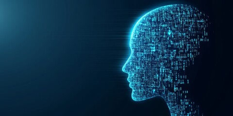Digital Mind Abstract Human Head Formed by Binary Code and Circuitry on Blue Background