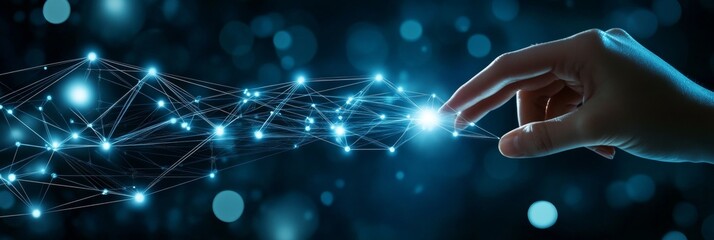 Connecting The Dots, Fingertip Nudging Glowing Network Of Interconnected Points On Blue Background