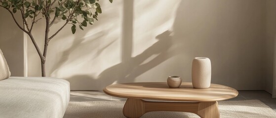 Modern living room with a wooden coffee table in the center. on the table, there are two white vases and a small vase. the table is made of light-colored wood and has a round shape.