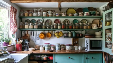 A cozy kitchen with a wooden countertop, shelves, and a window, filled with various kitchen items.
