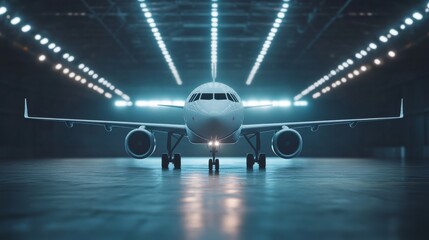 Fototapeta premium A sleek airplane is showcased in a well-lit hangar, highlighting its modern design and engineering amid an industrial backdrop.