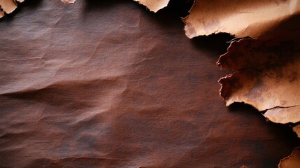 Close-up of textured brown leather with torn edges showcasing natural imperfections and warmth