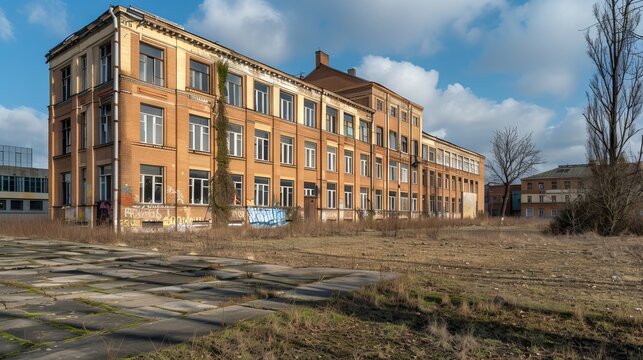 Modern comprehensive school building in polessk, kaliningrad region, russia