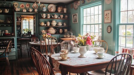 A charming tea room with a vintage feel, featuring a large window, wooden table, and floral tablecloth.