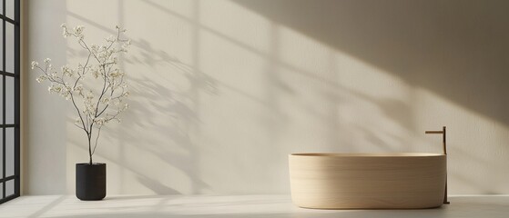 Modern bathroom with a minimalist design. the walls are painted in a light beige color and the floor is made of white tiles.