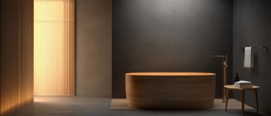 Fototapeta premium Modern bathroom with a minimalist design. the walls are painted in a dark grey color and the floor is made of light-colored tiles.