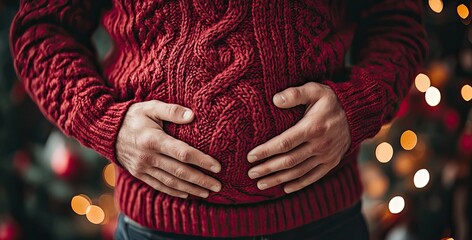 Holidays overeating concept a man in a red sweater holding his big tummy, isolated on a red background.