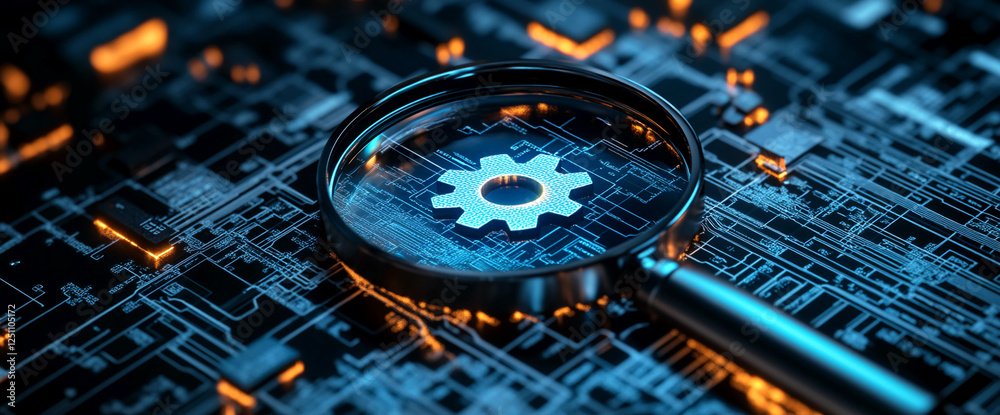 Poster close-up of a magnifying glass on a circuit board with a glowing gear symbol, symbolizing technology