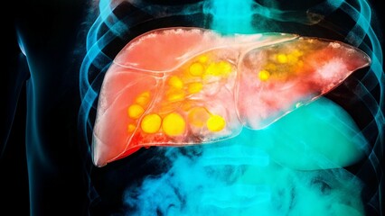 Anatomical illustration of a liver with fatty deposits for medical education.