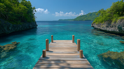 Fototapeta premium A wooden pier sits in the middle of a body of water. The water is clear and blue, and the sky is bright and sunny. The scene is peaceful and serene, with the pier providing a perfect spot to relax