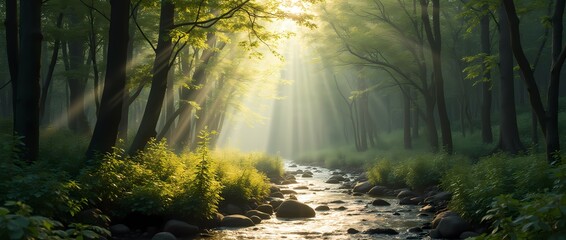 Obraz premium Summer forest landscape with sunbeams breaking through dense foliage and a babbling brook in the foreground