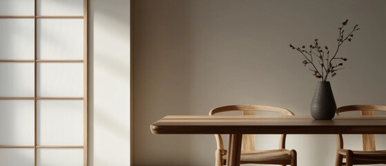 Modern dining room with a wooden table and two chairs. the table is in the center of the room and has a vase with dried branches in it on the right side.