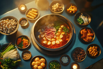 A traditional Chinese hot pot setup is captured in a dark and moody composition. Warm candlelight reflections create an atmospheric dining experience on a sleek metal table.
