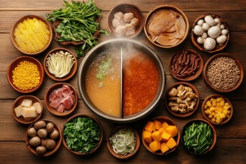 An intricately detailed overhead view of a traditional Chinese hot pot. The array showcases vibrant ingredients, reflecting the rich culinary culture of communal dining in an authentic setting.