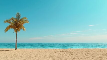 Obraz premium Solitary Palm Tree on a Sandy Beach Under a Bright Azure Sky with Gentle Waves Lapping at the Shore, Perfect for Vacation and Nature Themes