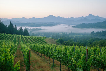Naklejka premium A picturesque vineyard bathed in the soft golden light of dawn. Dew-kissed vines stretch infinitely, creating a serene and breathtaking landscape that captures the essence of tranquility.